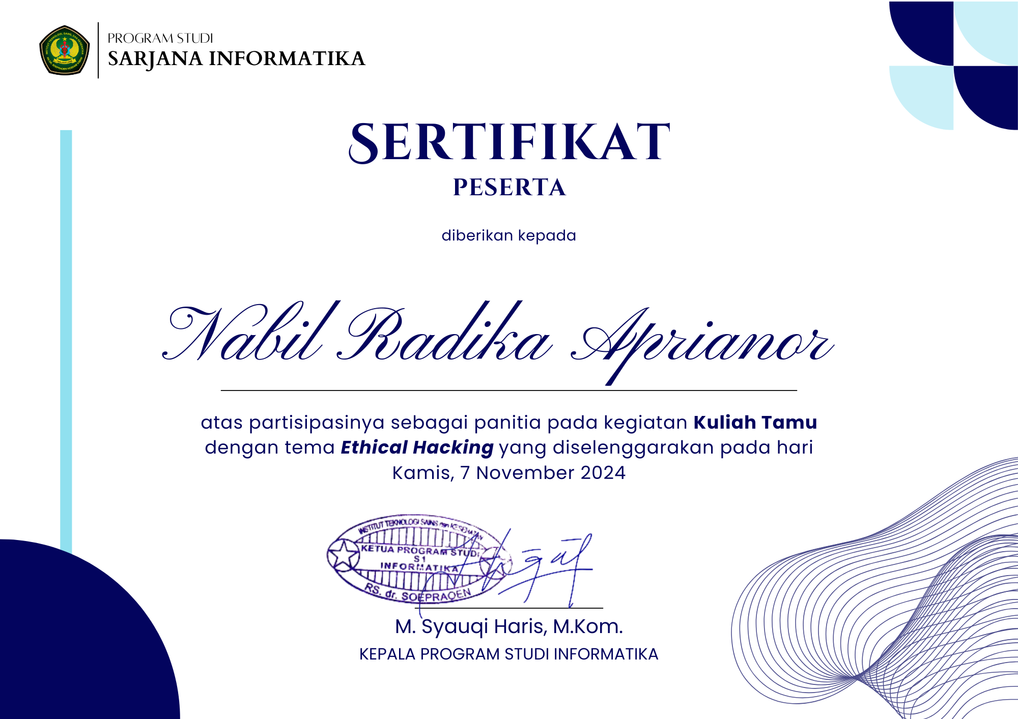 Sertifikat Kuliah Tamu "Ethical Hacking"