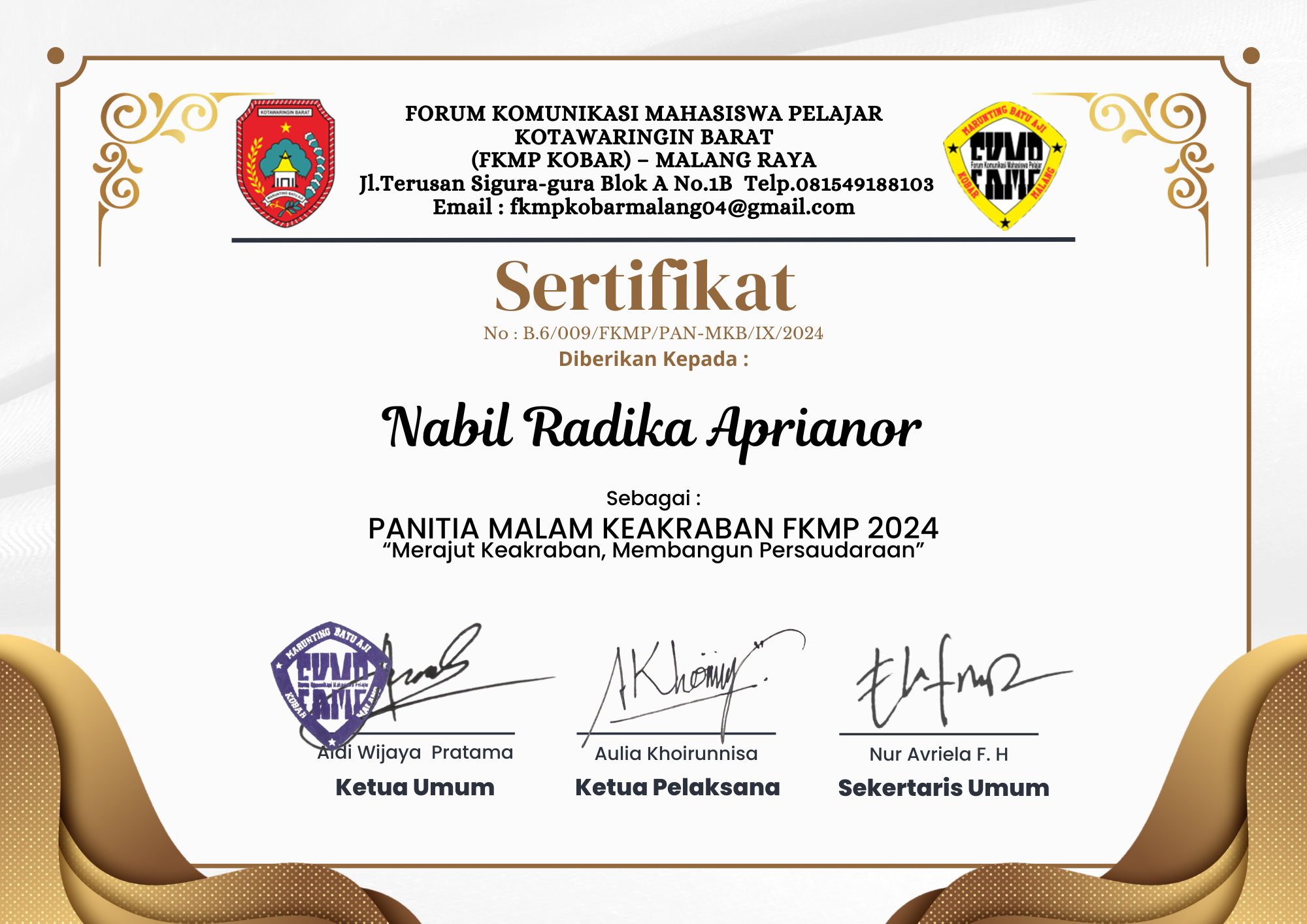 Sertifikat Panitia Malam Keakraban (MAKARAB) FKMP 2024